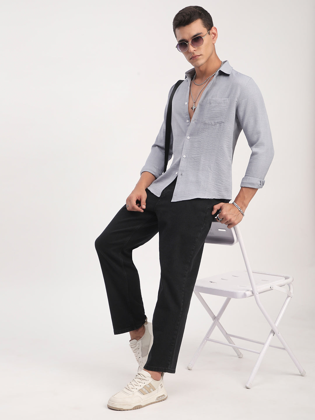 Pastel Blue Minimalist Solid Crinkled Shirt