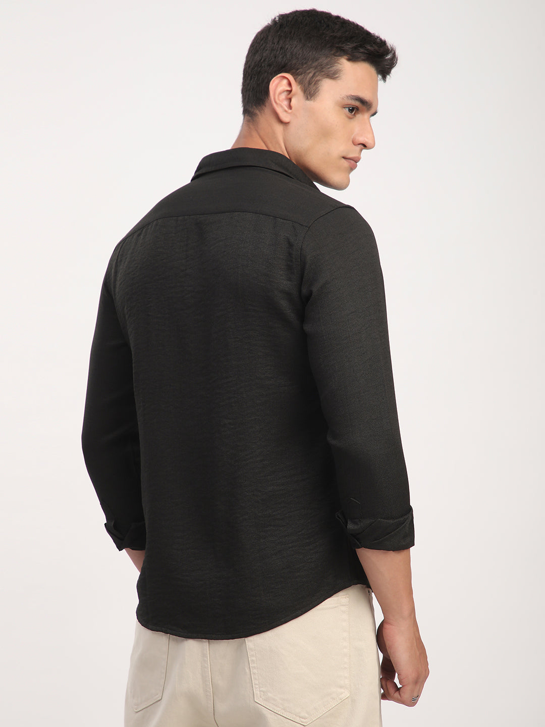 Black Minimalist Solid Crinkled Shirt