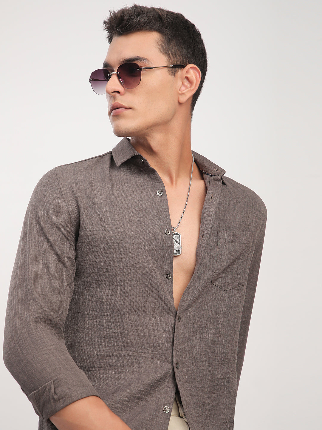 Taupe Minimalist Solid Crinkled Shirt