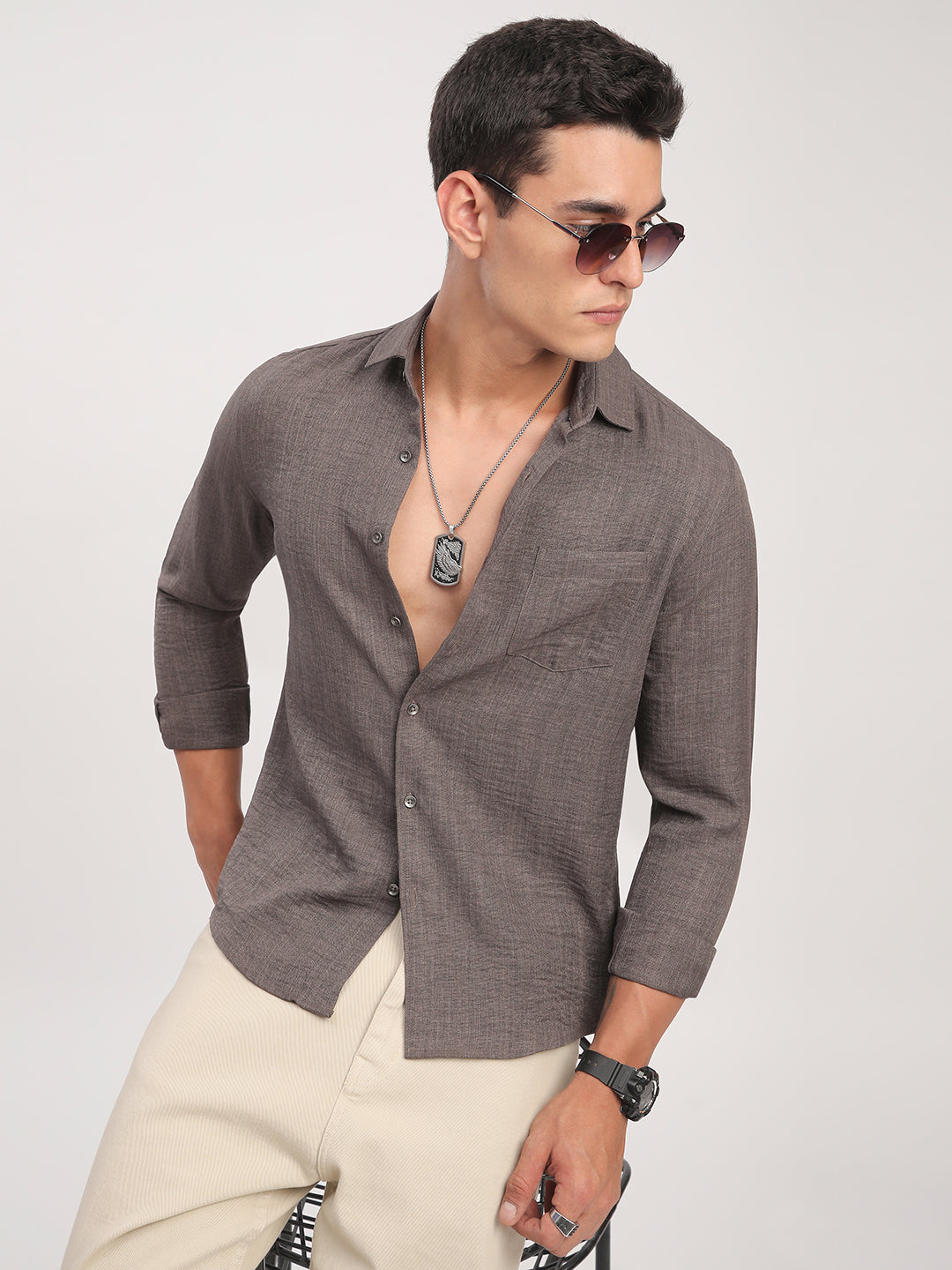 Taupe Minimalist Solid Crinkled Shirt