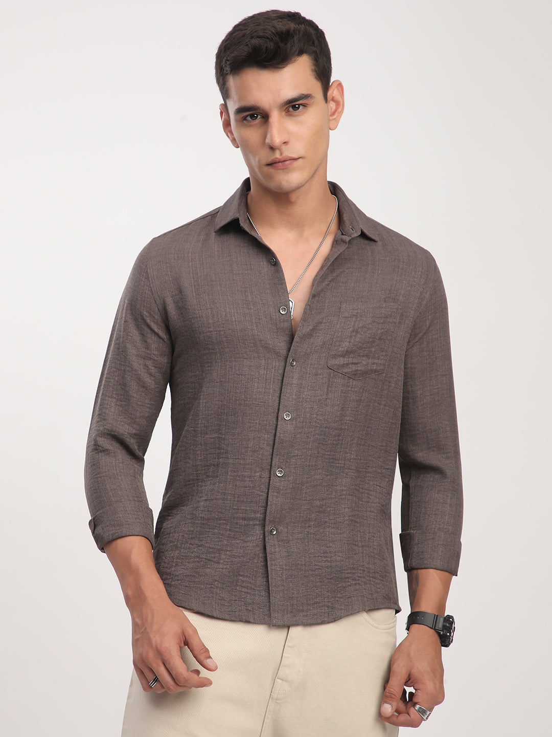 Taupe Minimalist Solid Crinkled Shirt