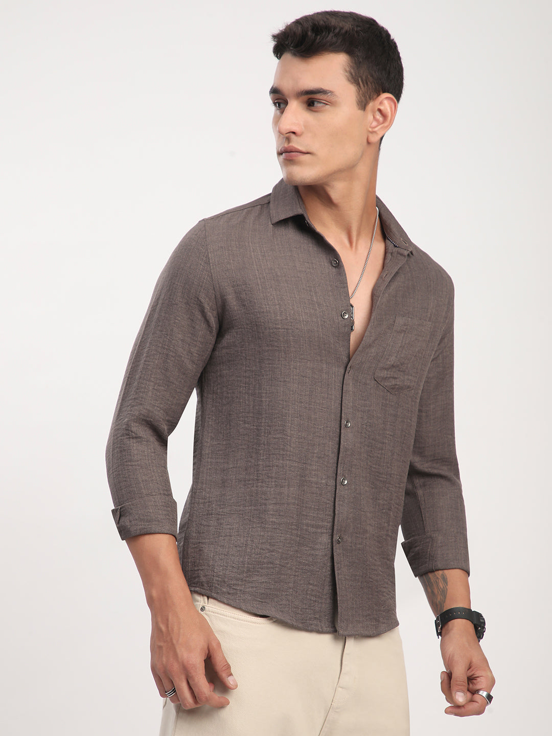 Taupe Minimalist Solid Crinkled Shirt