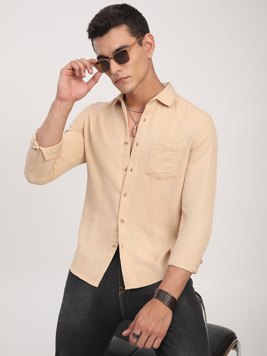 Tan Minimalist Solid Crinkled Shirt