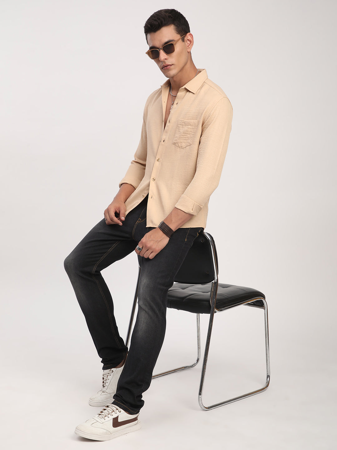 Tan Minimalist Solid Crinkled Shirt