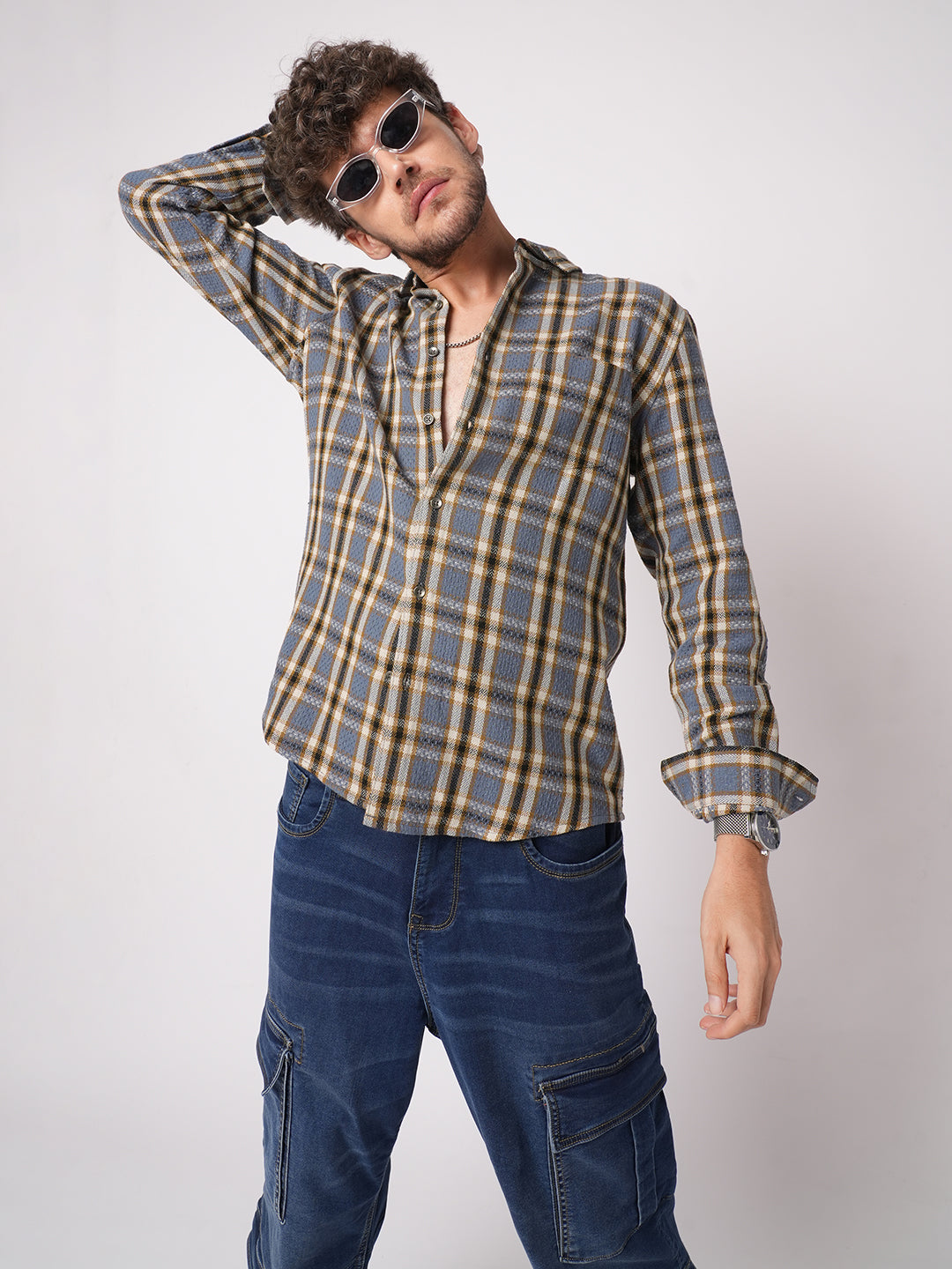 Ocean Blue Chevron Checkered Woven Shirt