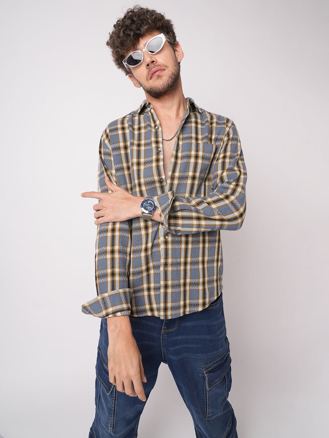 Ocean Blue Chevron Checkered Woven Shirt