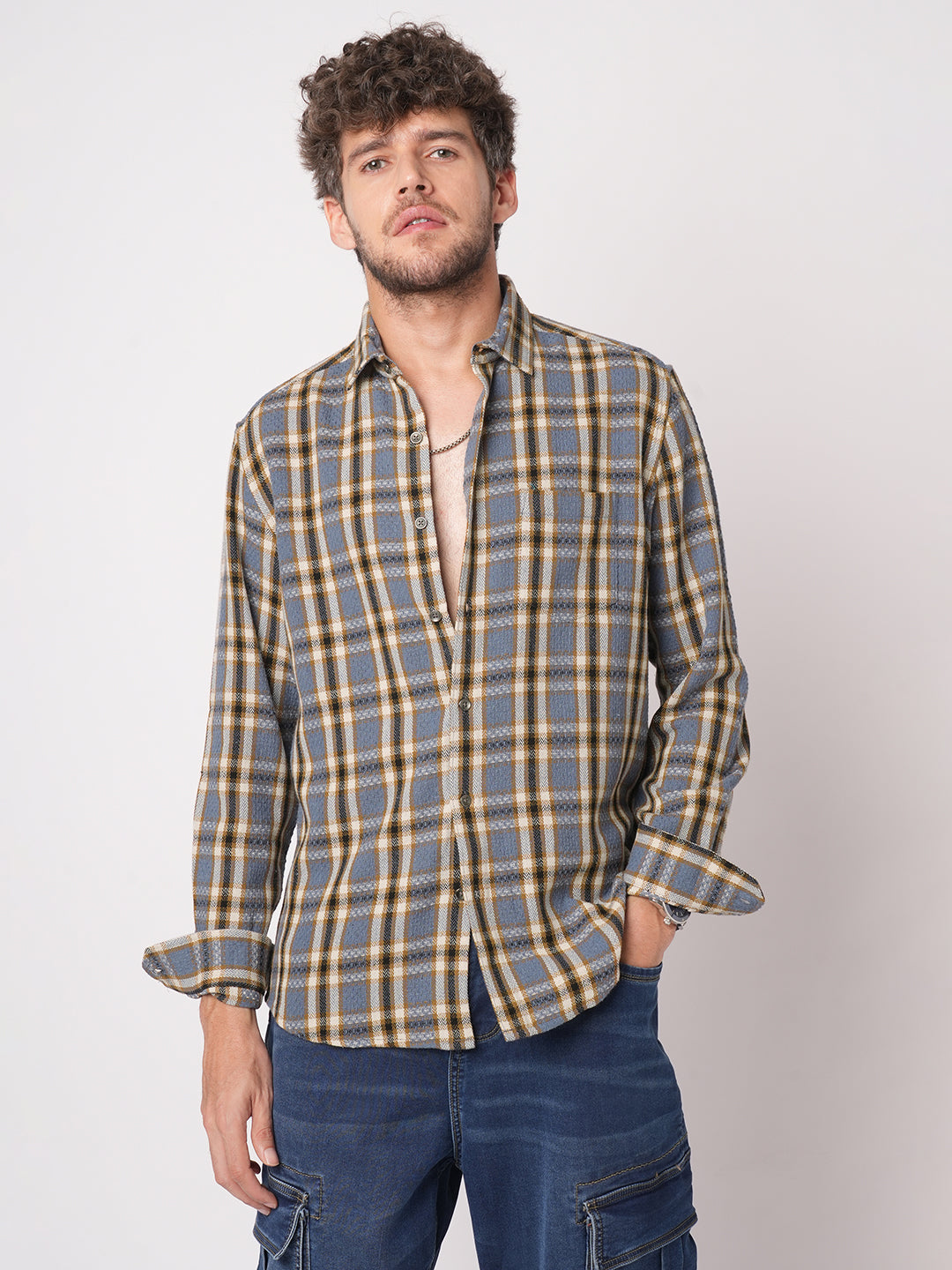 Ocean Blue Chevron Checkered Woven Shirt