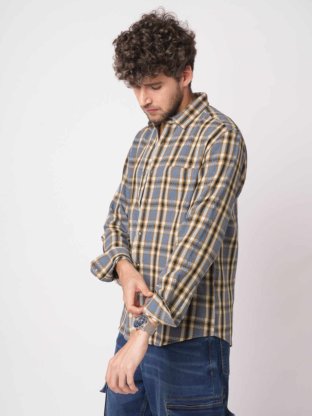 Ocean Blue Chevron Checkered Woven Shirt