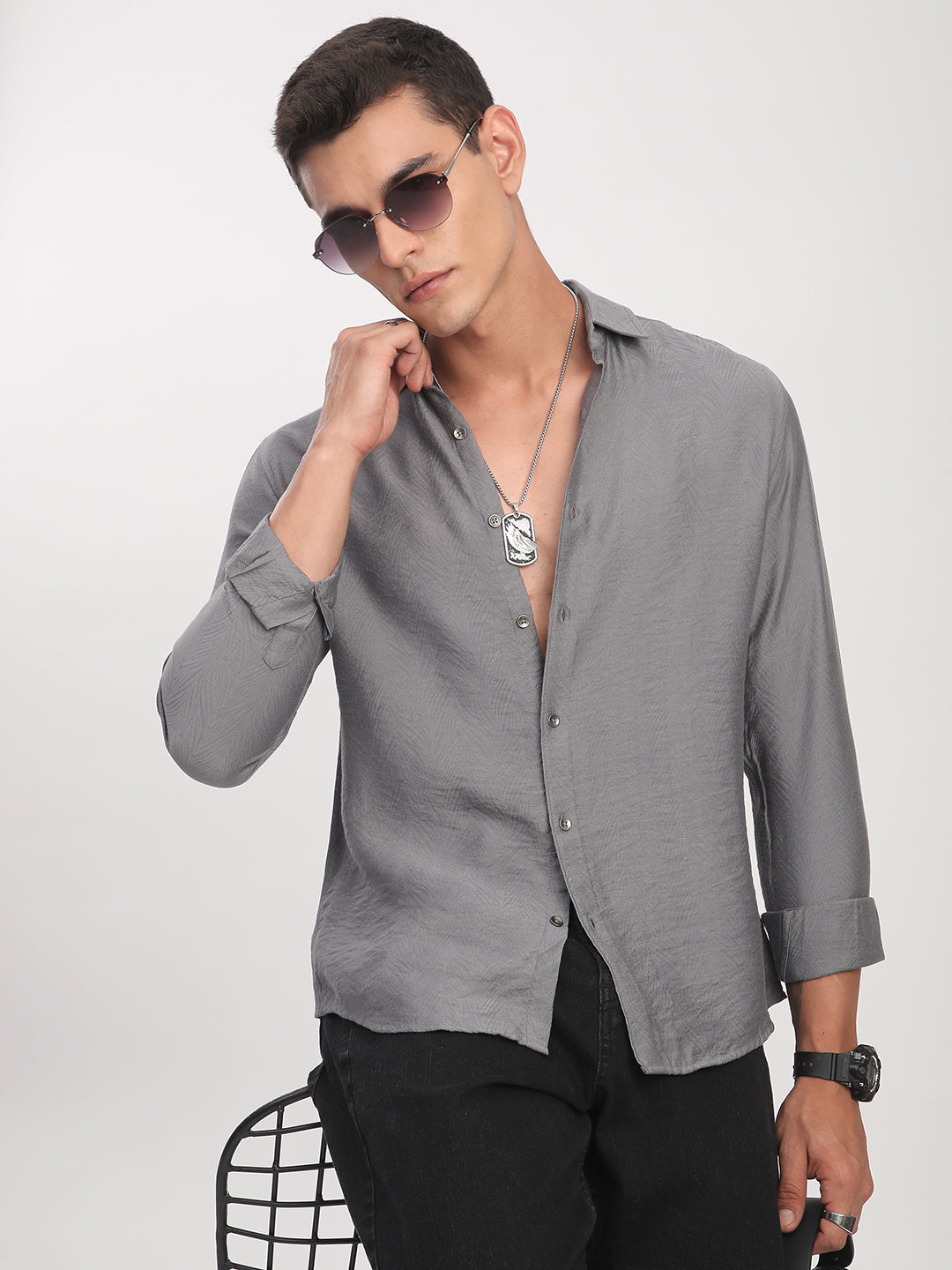 Gunmetal Grey Rhythmic Wave Jacquard Shirt