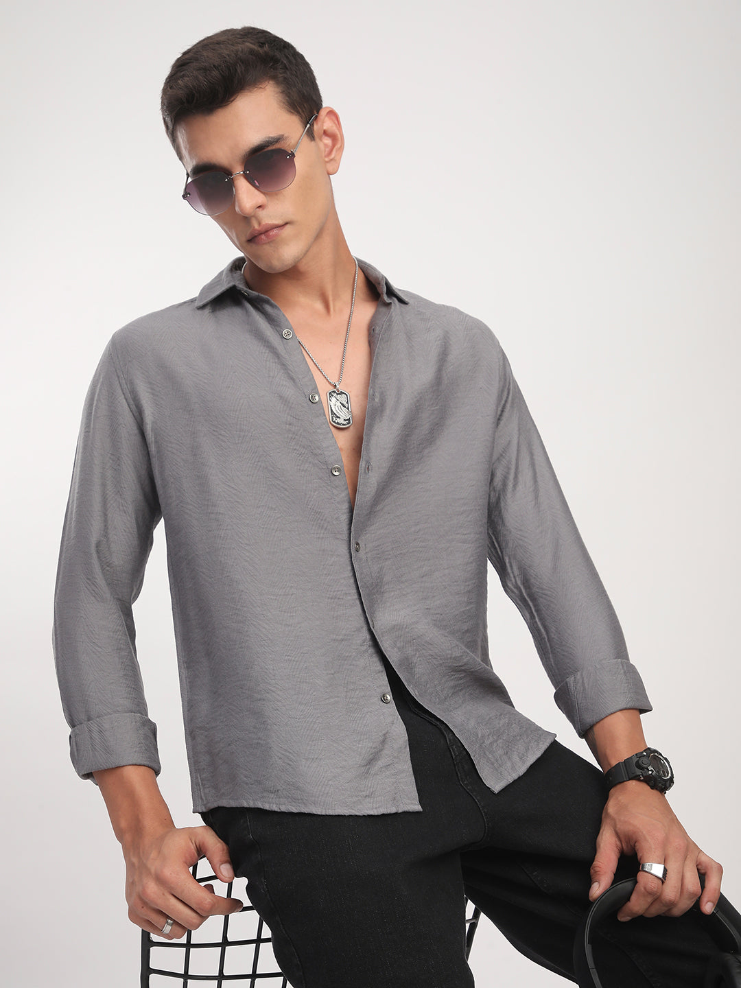 Gunmetal Grey Rhythmic Wave Jacquard Shirt