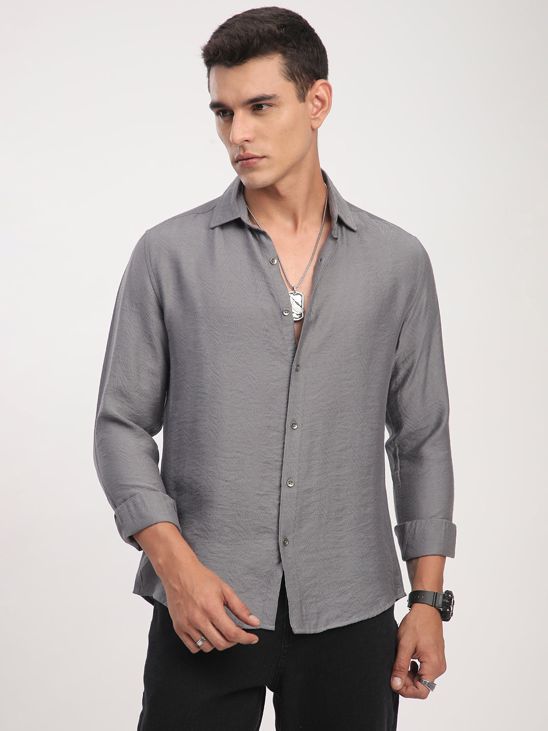 Gunmetal Grey Rhythmic Wave Jacquard Shirt