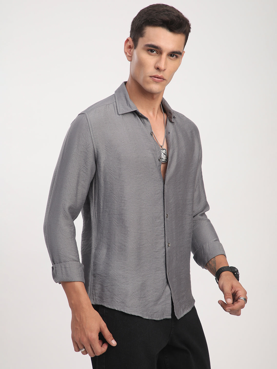 Gunmetal Grey Rhythmic Wave Jacquard Shirt