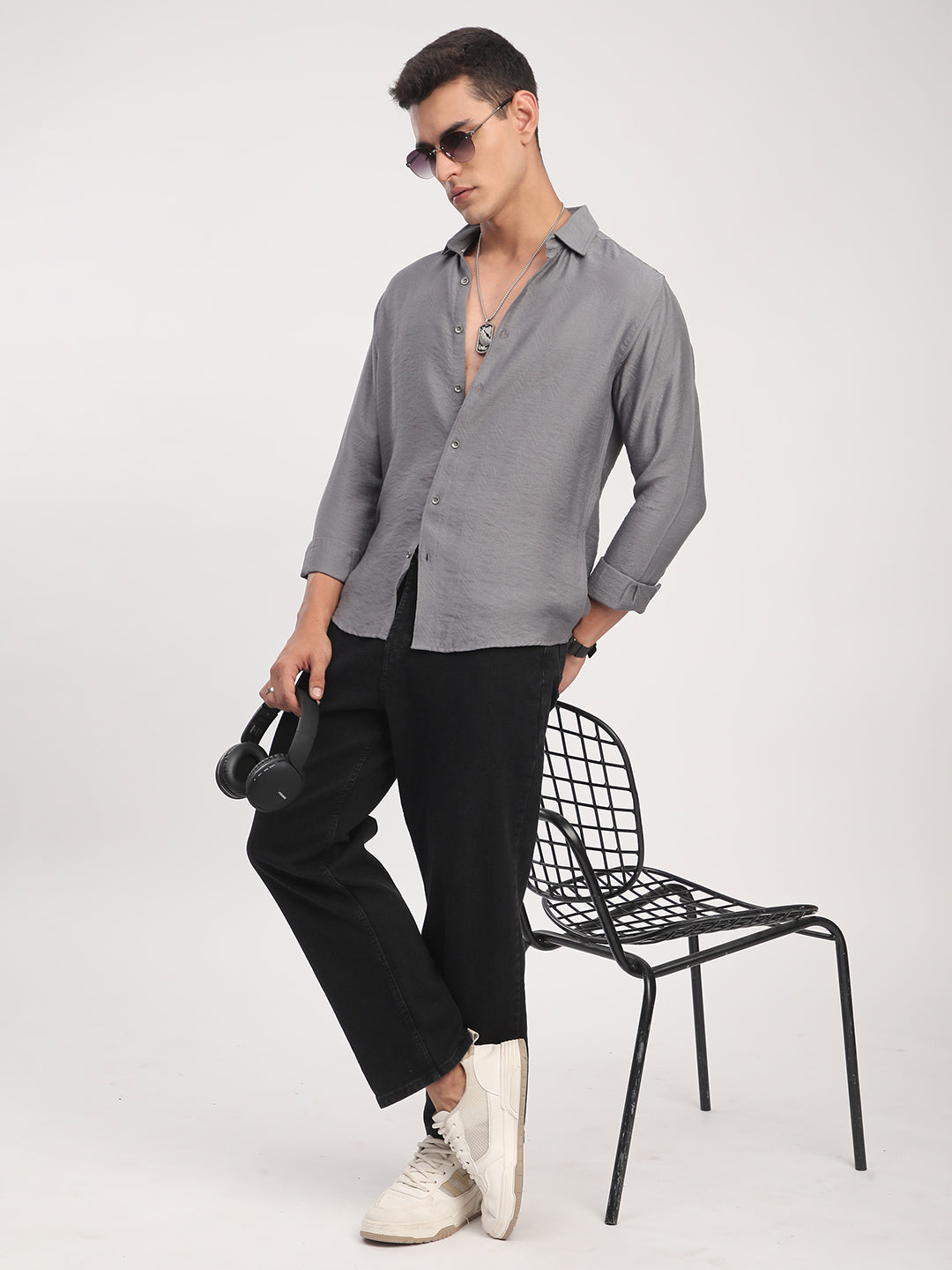 Gunmetal Grey Rhythmic Wave Jacquard Shirt