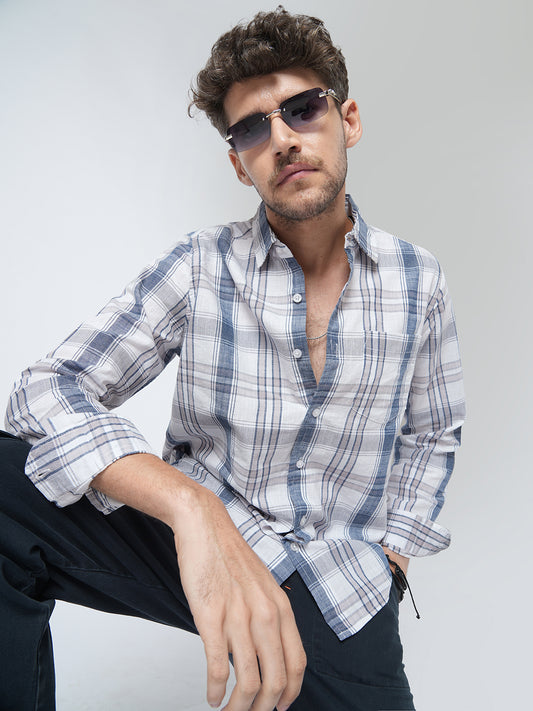 Premium Cotton White & Blue Signature Plaid Shirt
