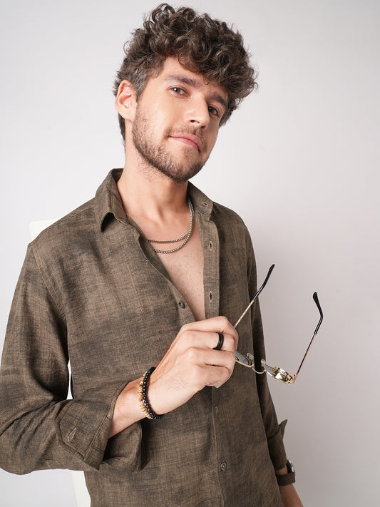 Mocha Brown Rustic Tie & Dye Printed Shirt