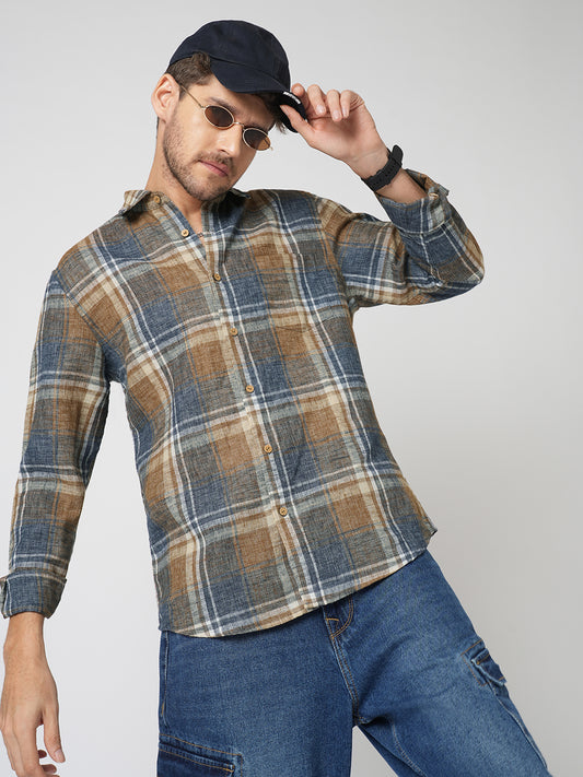Desert Brown Grid Checks Linen Blend Shirt