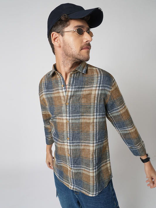 Desert Brown Grid Checks Linen Blend Shirt