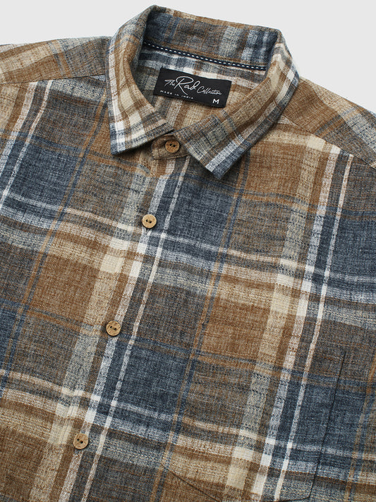 Desert Brown Grid Checks Linen Blend Shirt