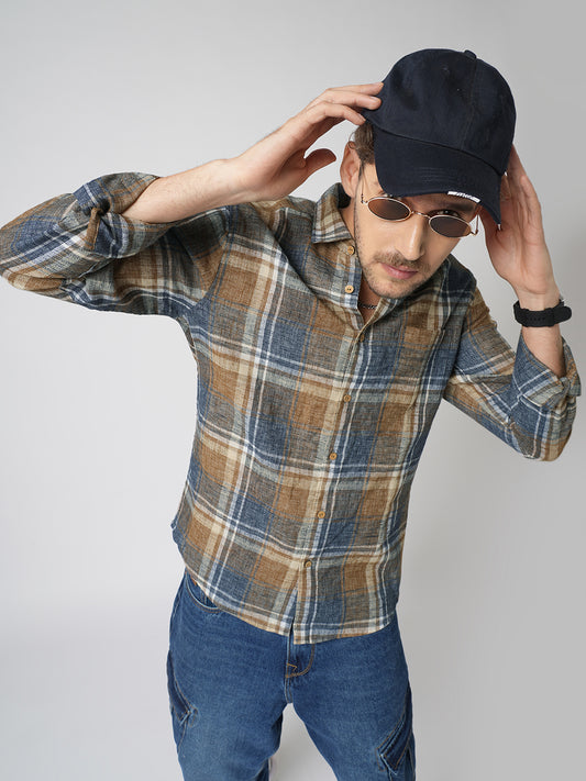 Desert Brown Grid Checks Linen Blend Shirt
