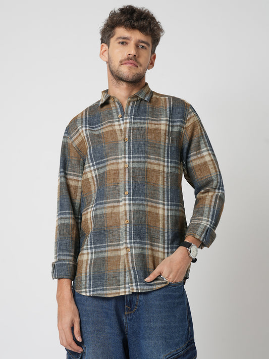 Desert Brown Grid Checks Linen Blend Shirt