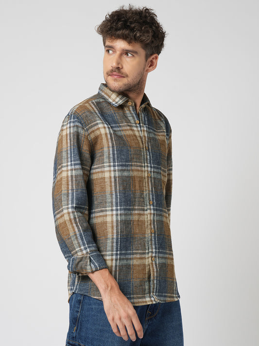 Desert Brown Grid Checks Linen Blend Shirt
