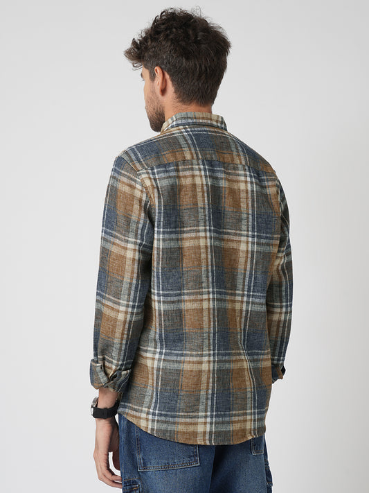 Desert Brown Grid Checks Linen Blend Shirt