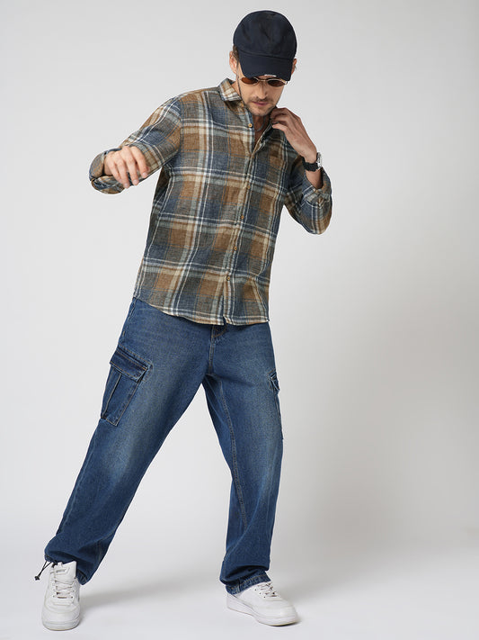 Desert Brown Grid Checks Linen Blend Shirt
