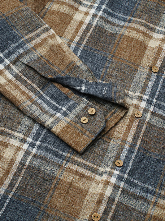 Desert Brown Grid Checks Linen Blend Shirt