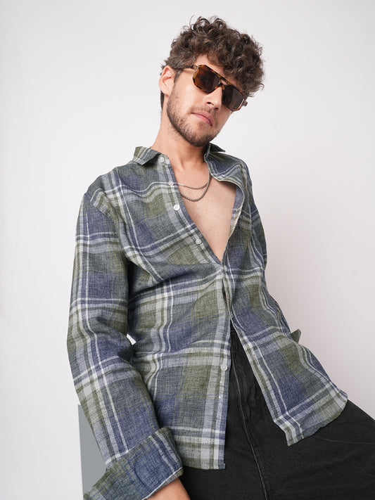 Twilight Green & Blue Plaid Checks Linen Blend Shirt
