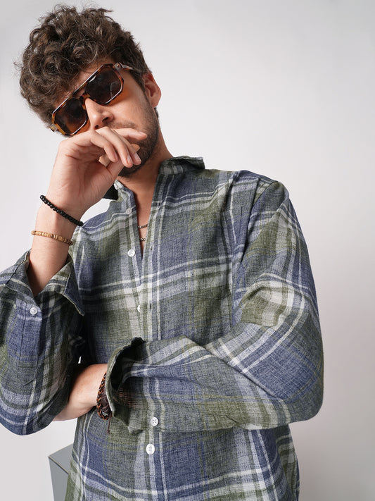 Twilight Green & Blue Plaid Checks Linen Blend Shirt