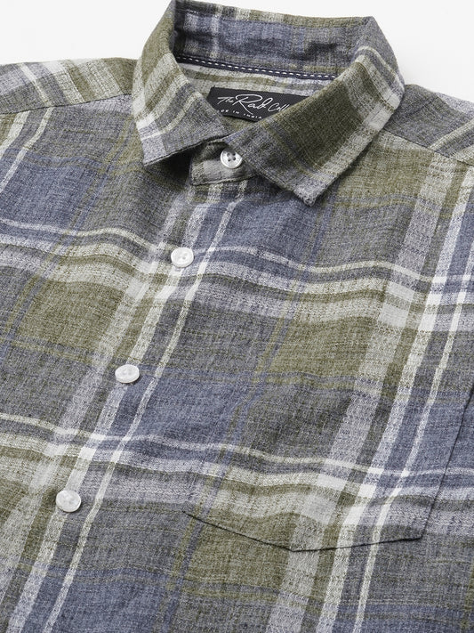 Twilight Green & Blue Plaid Checks Linen Blend Shirt