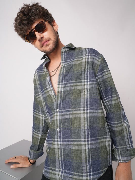 Twilight Green & Blue Plaid Checks Linen Blend Shirt