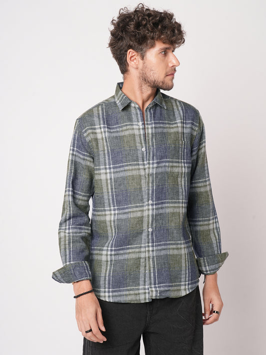 Twilight Green & Blue Plaid Checks Linen Blend Shirt