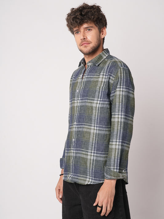 Twilight Green & Blue Plaid Checks Linen Blend Shirt