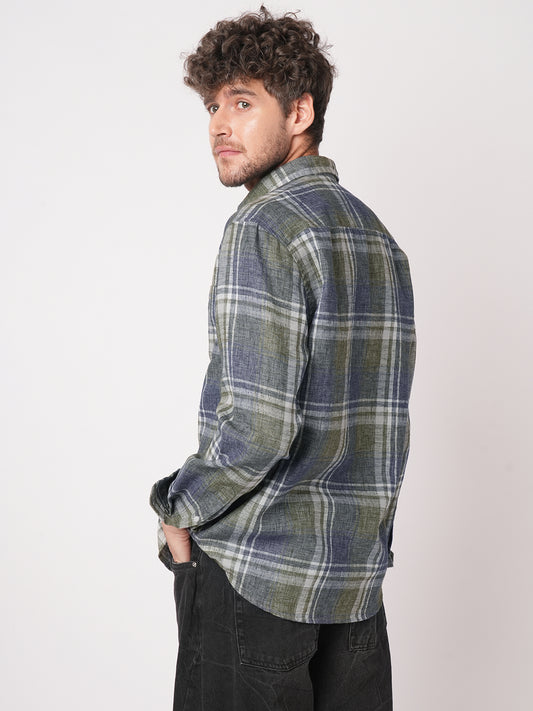 Twilight Green & Blue Plaid Checks Linen Blend Shirt