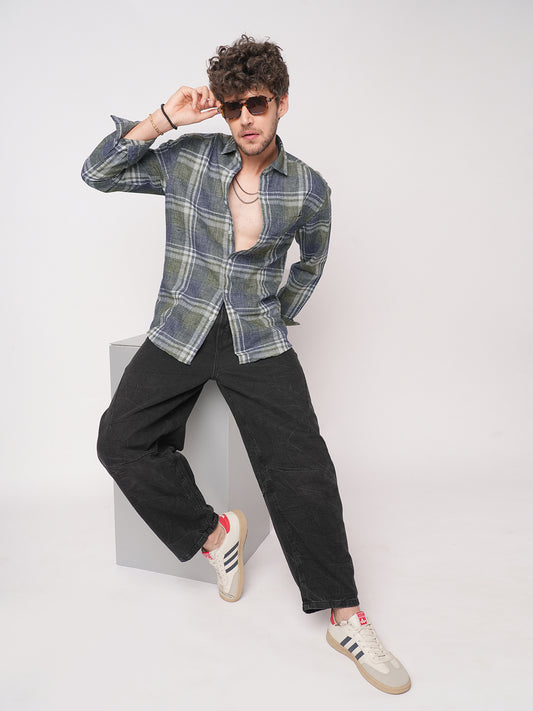 Twilight Green & Blue Plaid Checks Linen Blend Shirt