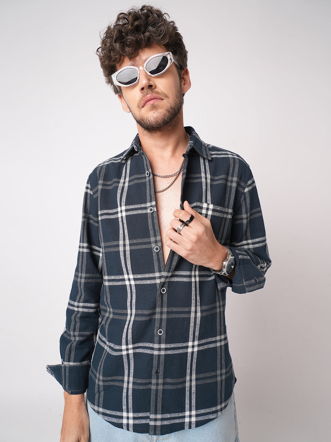 Midnight Blue Classic Plaid Checks Jacquard Shirt