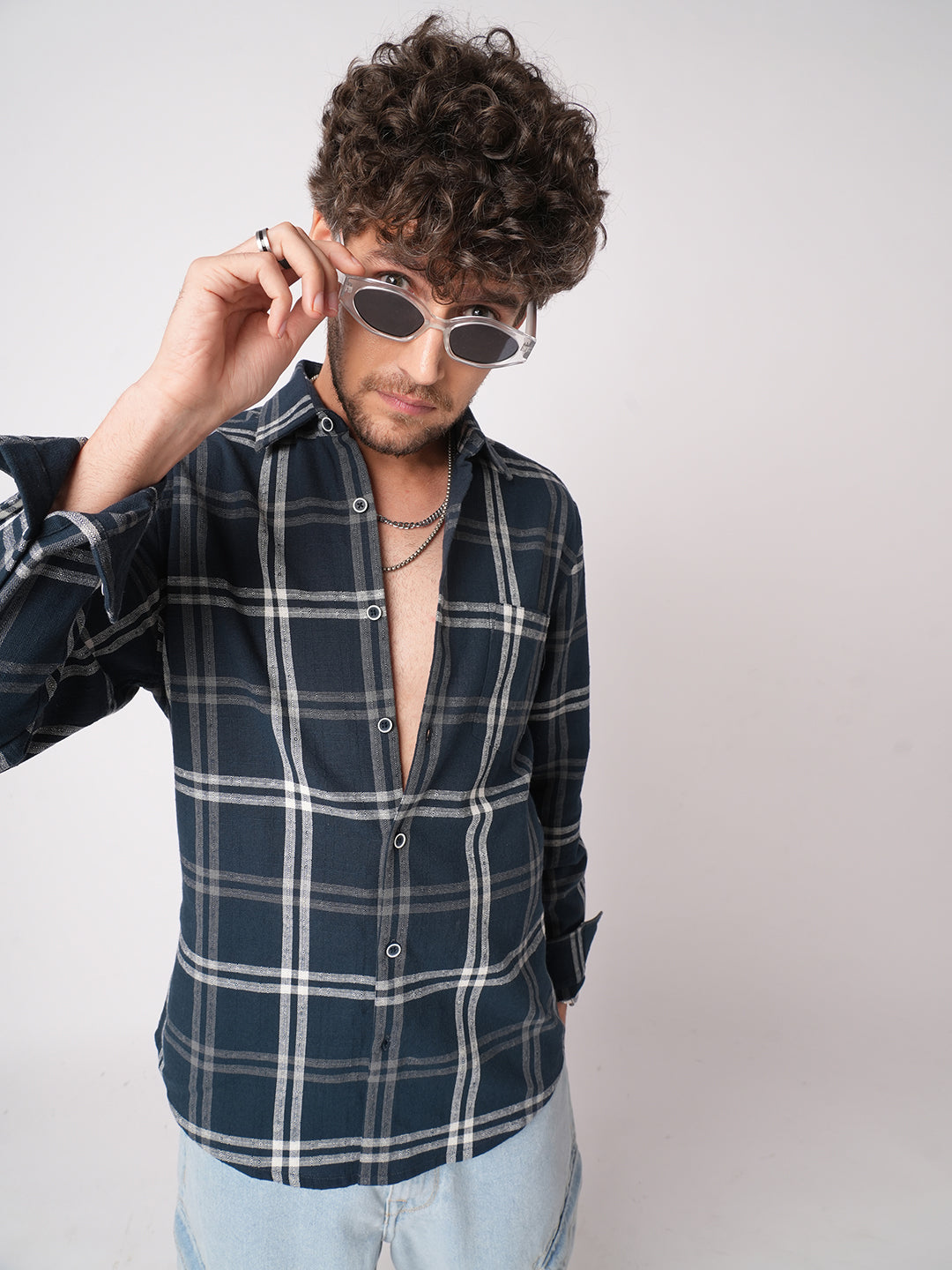 Midnight Blue Classic Plaid Checks Jacquard Shirt