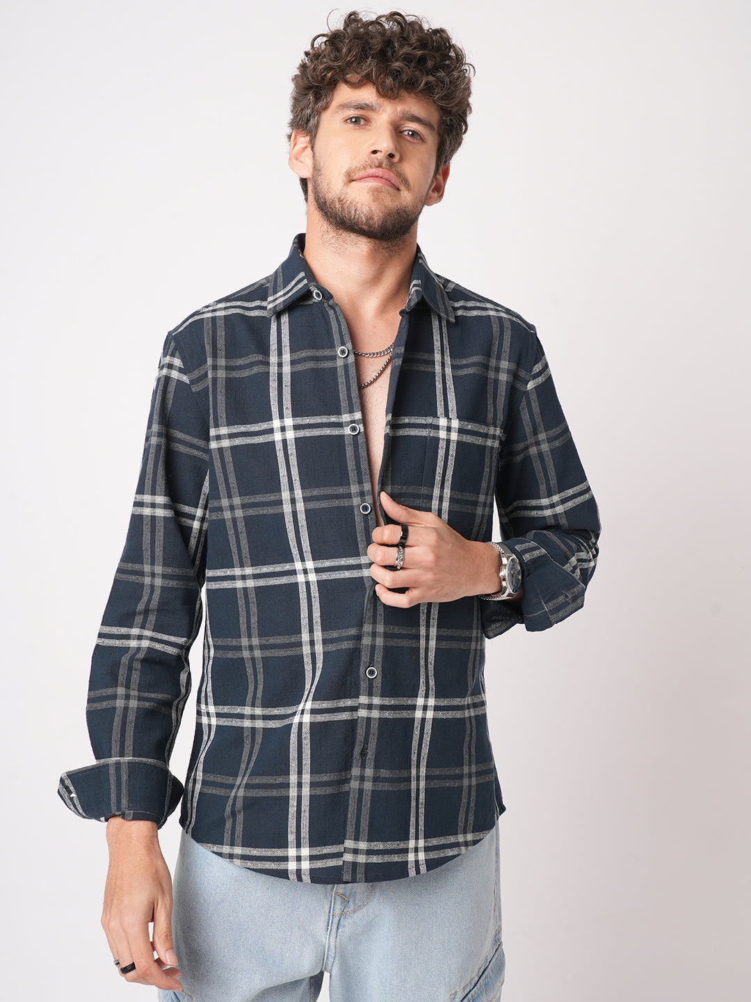 Midnight Blue Classic Plaid Checks Jacquard Shirt