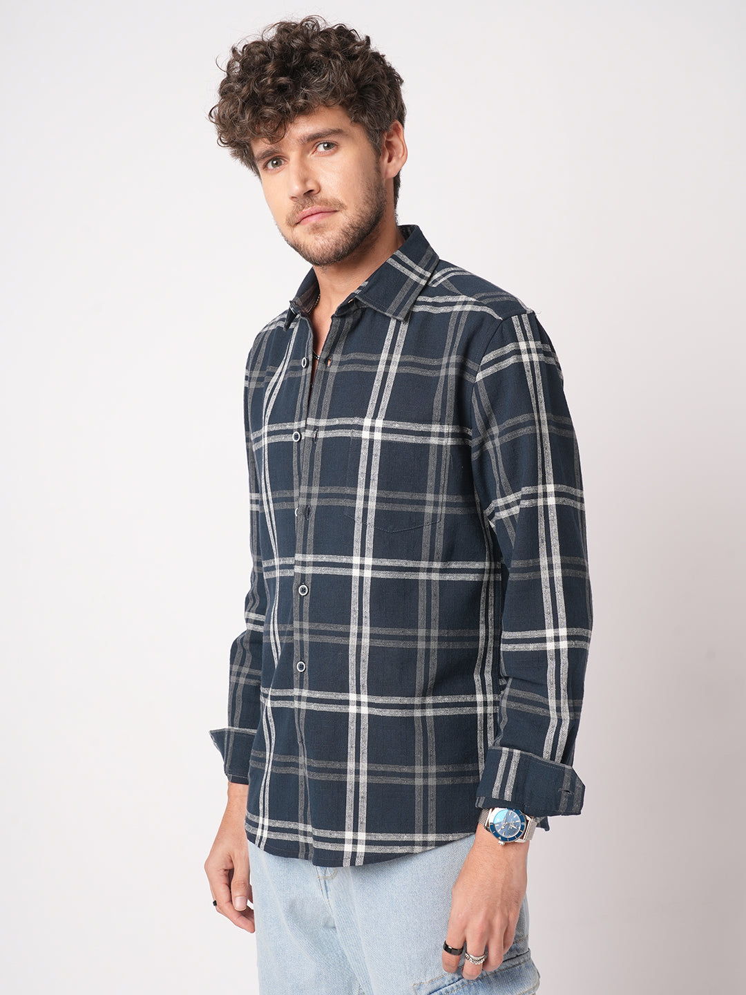 Midnight Blue Classic Plaid Checks Jacquard Shirt