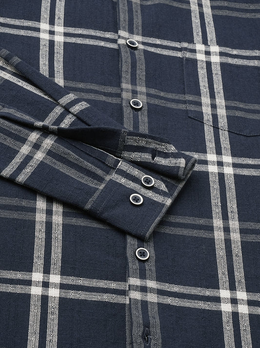 Midnight Blue Classic Plaid Checks Jacquard Shirt