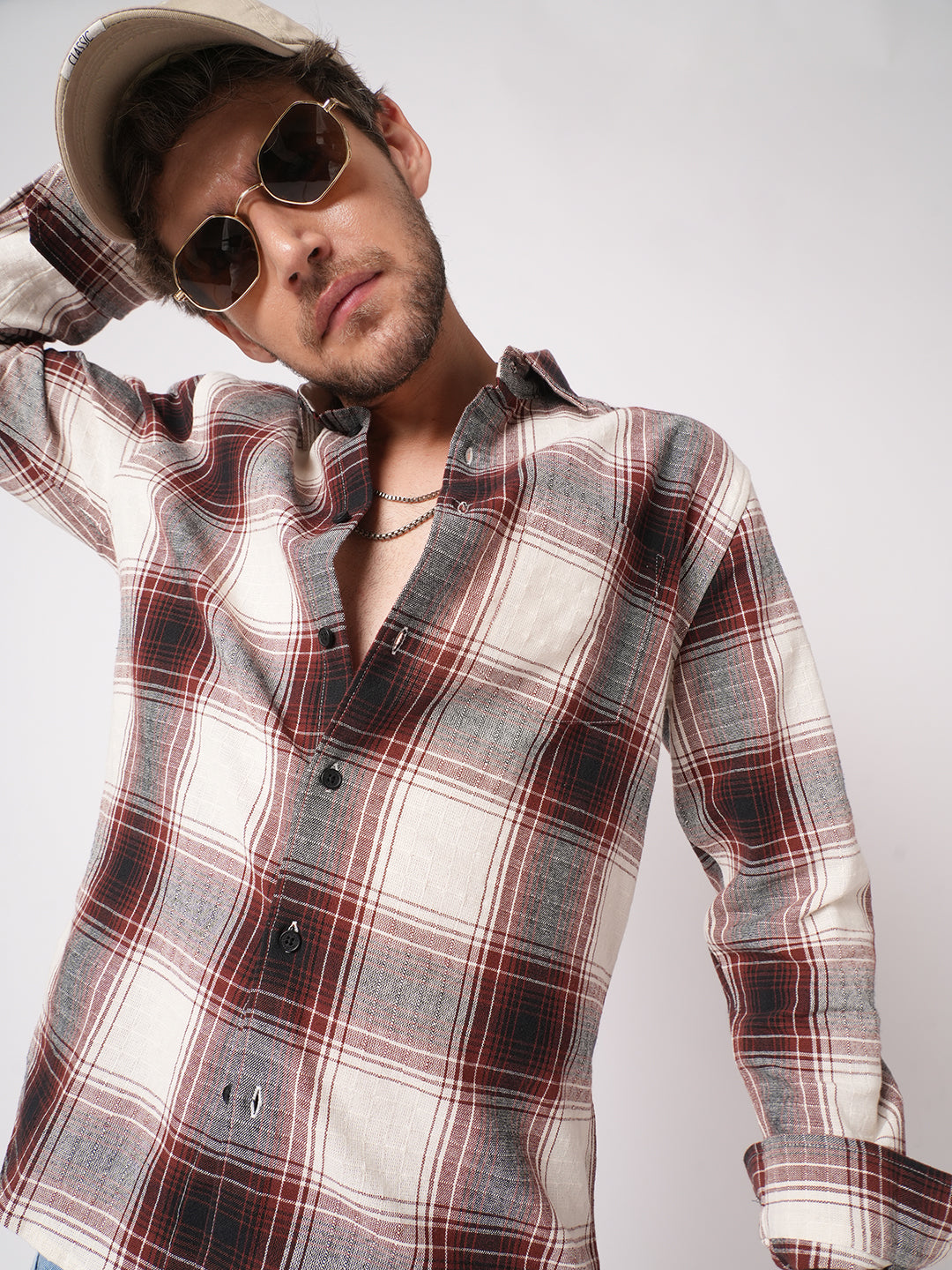 Vintage White & Black Plaid Checks Textured Shirt