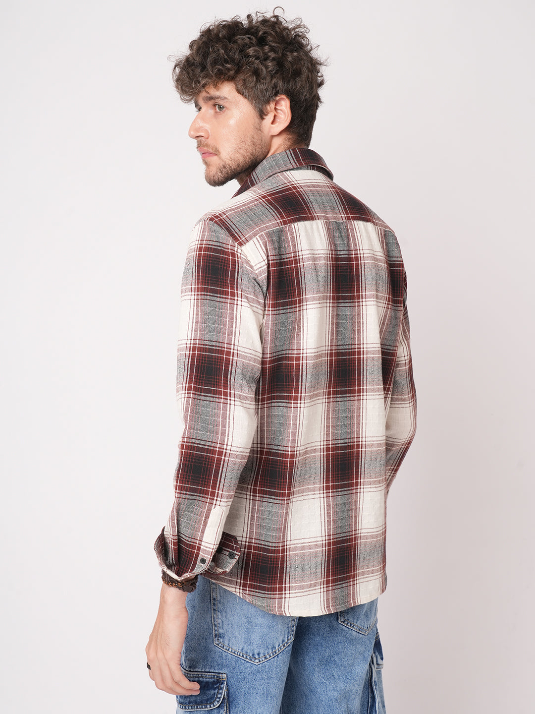 Vintage White & Black Plaid Checks Textured Shirt