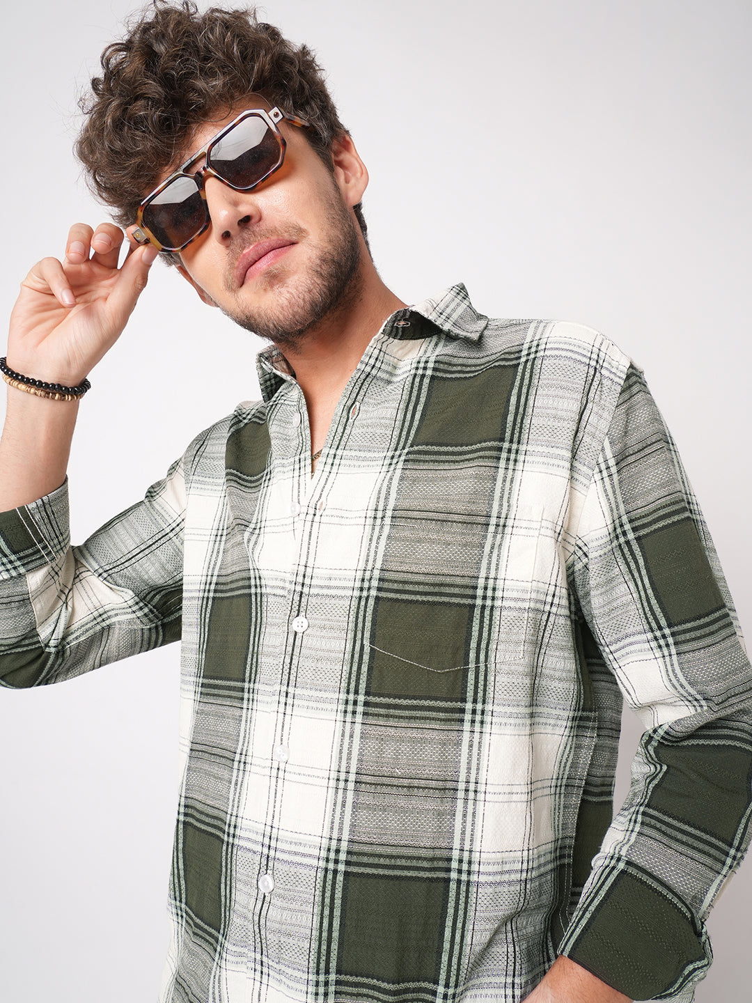 Green & White Precision Weave Checks Jacquard Shirt