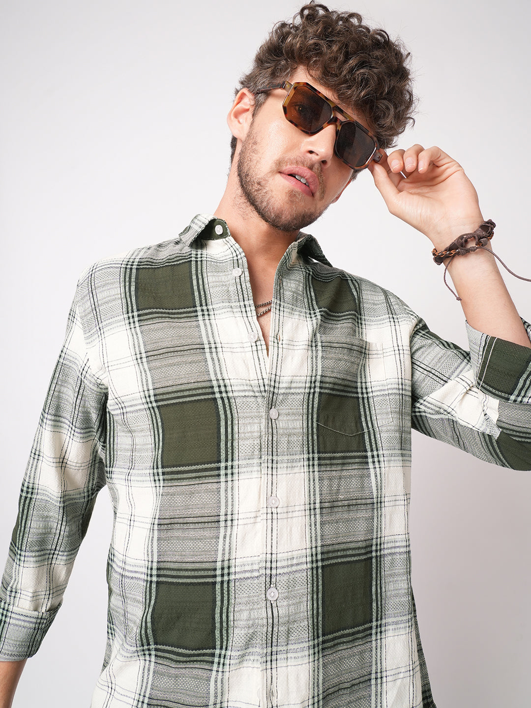 Green & White Precision Weave Checks Jacquard Shirt
