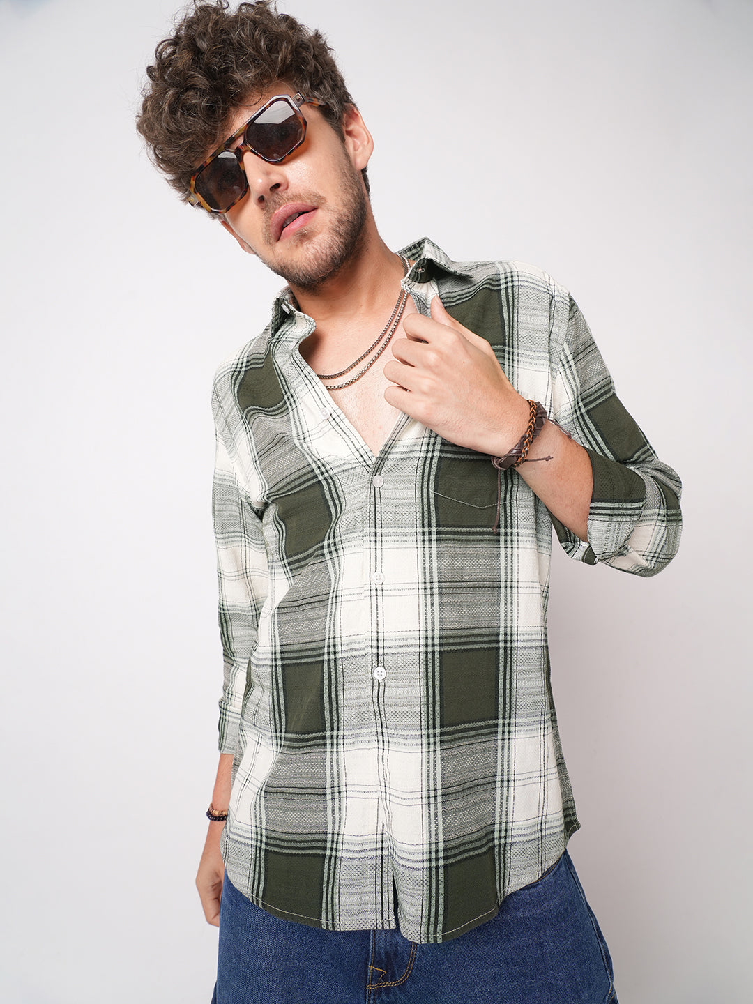 Green & White Precision Weave Checks Jacquard Shirt