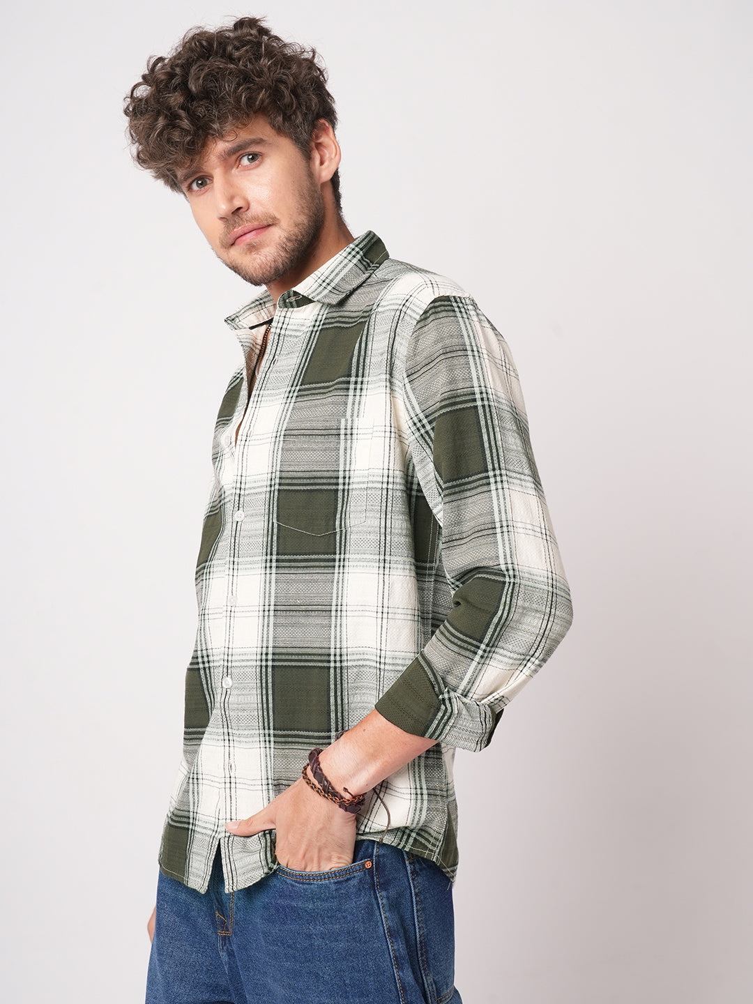 Green & White Precision Weave Checks Jacquard Shirt