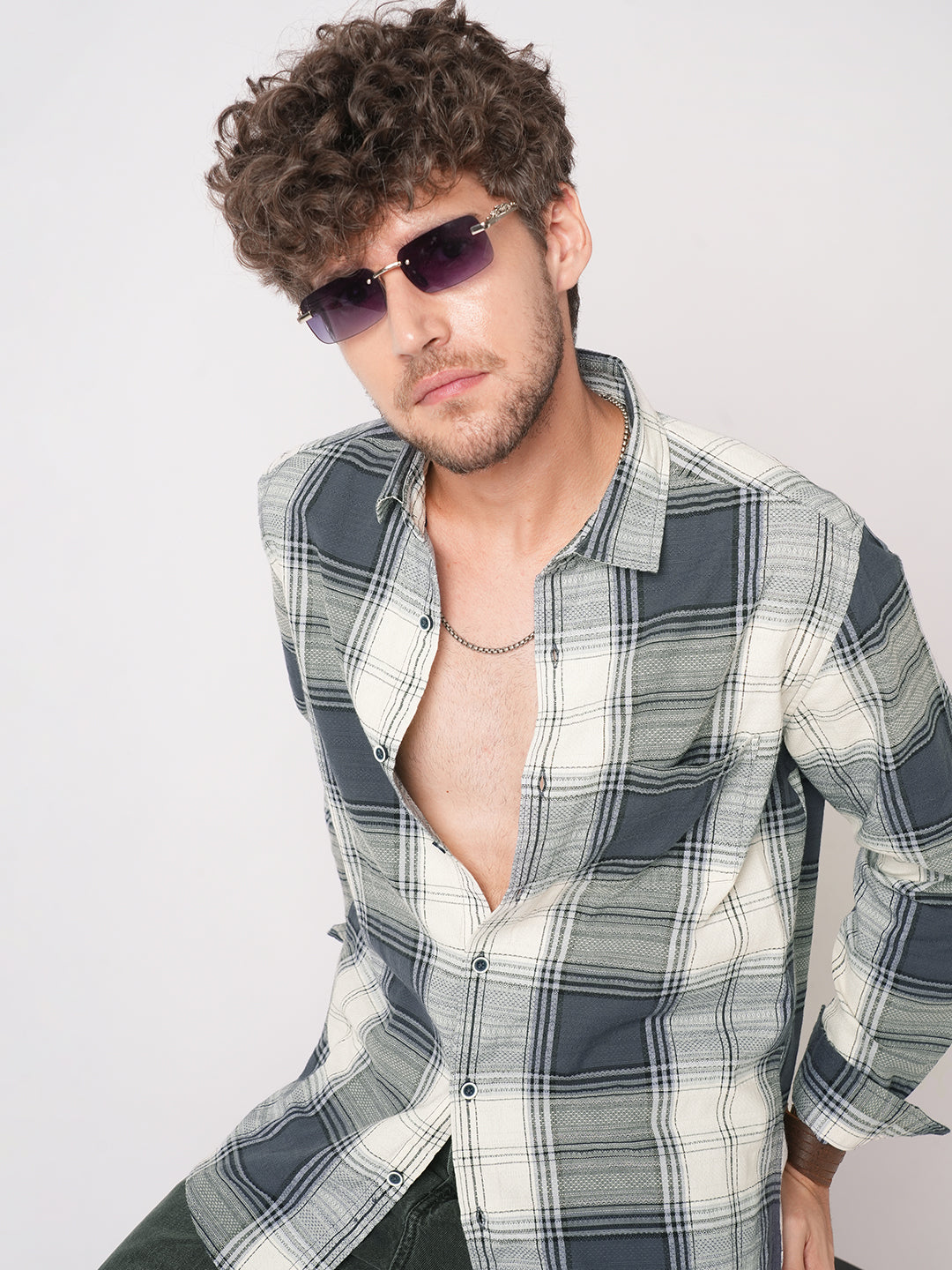 Intricate Micro Weave White Plaid Checks Jacquard Shirt