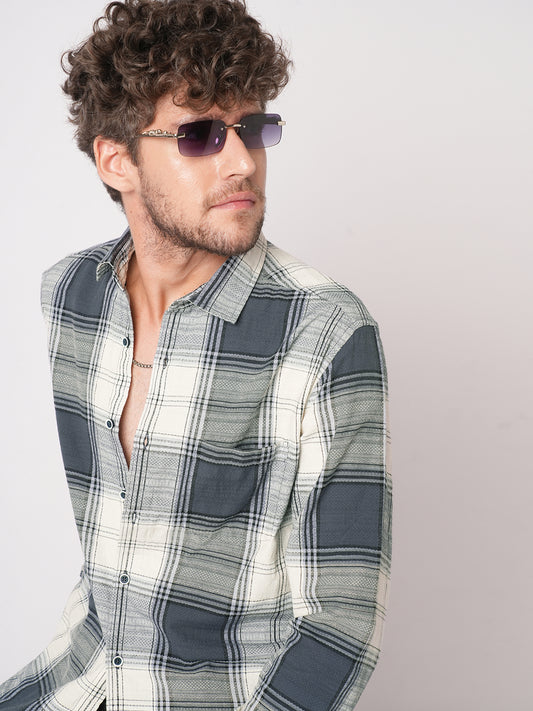 Intricate Micro Weave White Plaid Checks Jacquard Shirt