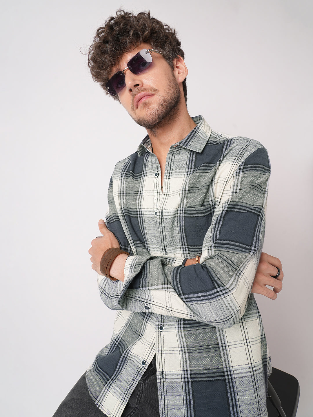 Intricate Micro Weave White Plaid Checks Jacquard Shirt